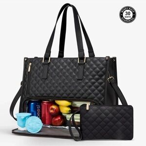 Elegant Black Quilted Lunch Compartment Laptop Work Tote Bag